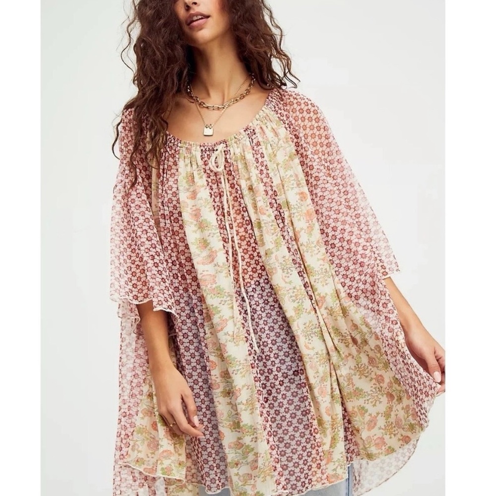 Free People Because I Love You! Printed Oversized Tunic Dress Sheer Large - Picture 10 of 11